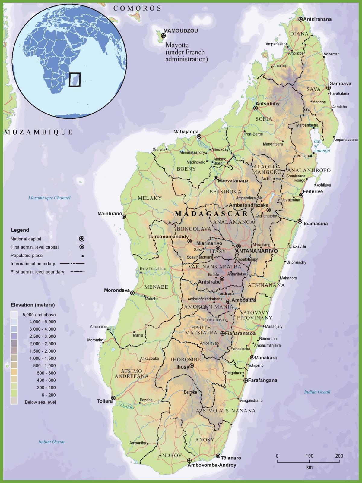 kart av fysisk kart over Madagaskar